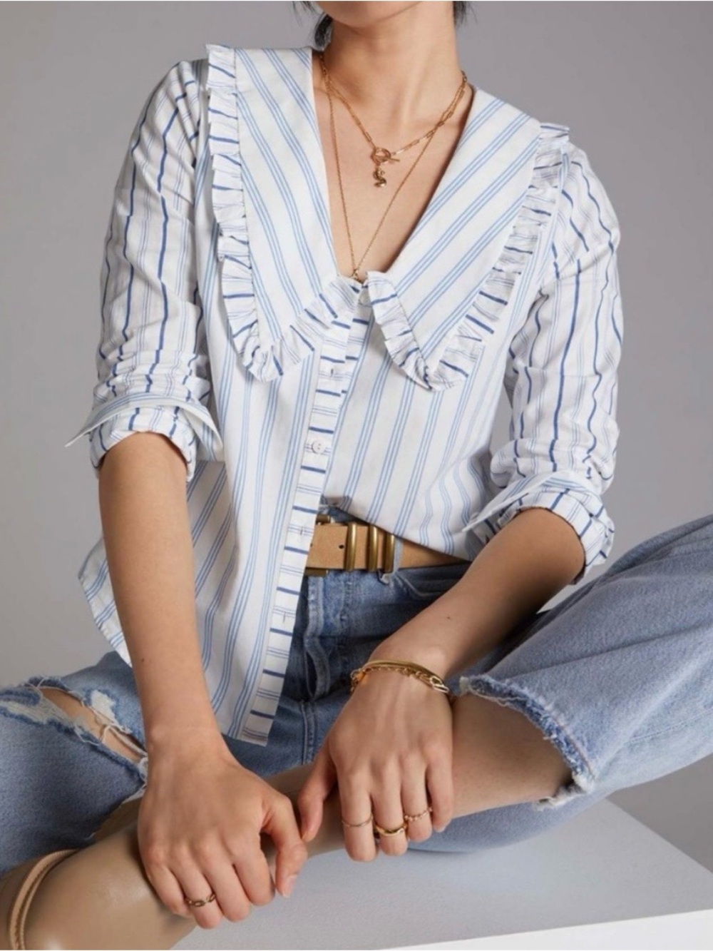 Anthropologie Maeve White and Blue Striped Ruffle Collar Button Shirt